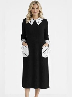 Celeste Black Dress with White Polka Dot Collar, Cuffs & Pockets